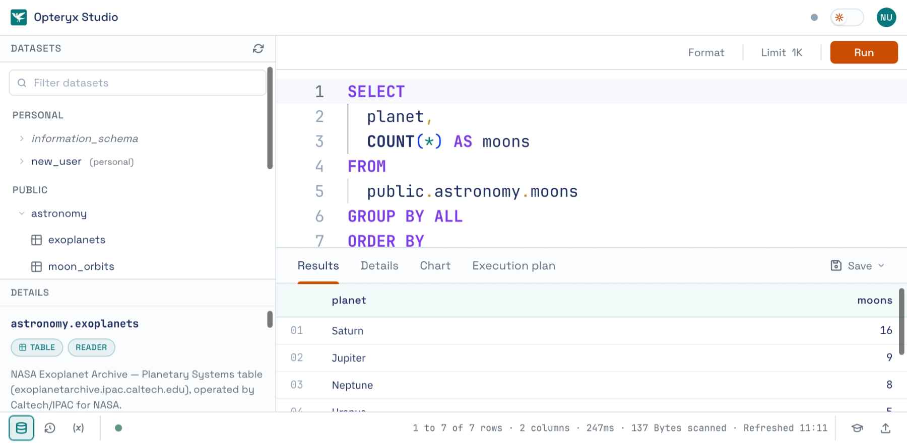 The Opteryx Studio workspace. On the left, a catalog panel lists personal and public datasets, with astronomy.exoplanets selected and its details (row count, size, columns) shown underneath. In the center, the SQL editor holds a query grouping public.astronomy.moons by planet, with a results table below showing Saturn (16 moons), Jupiter (9), and Neptune (8). On the right, a reference panel lists SQL basics and searchable functions.